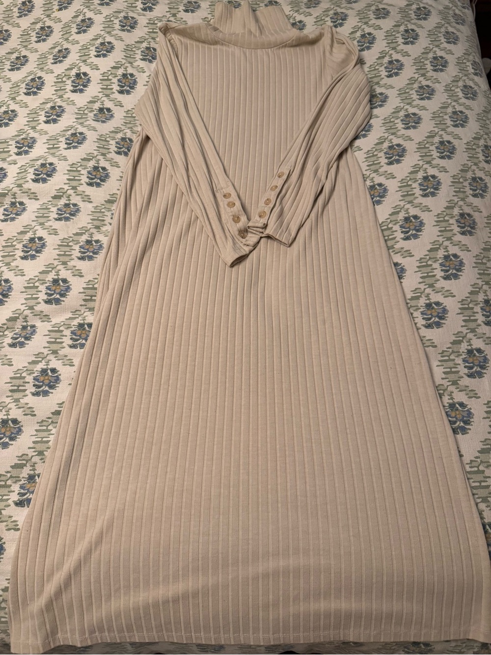 The Nines by Hatch — Maternity Ribbed Turtleneck Long Sleeve Maxi Dress in Beige